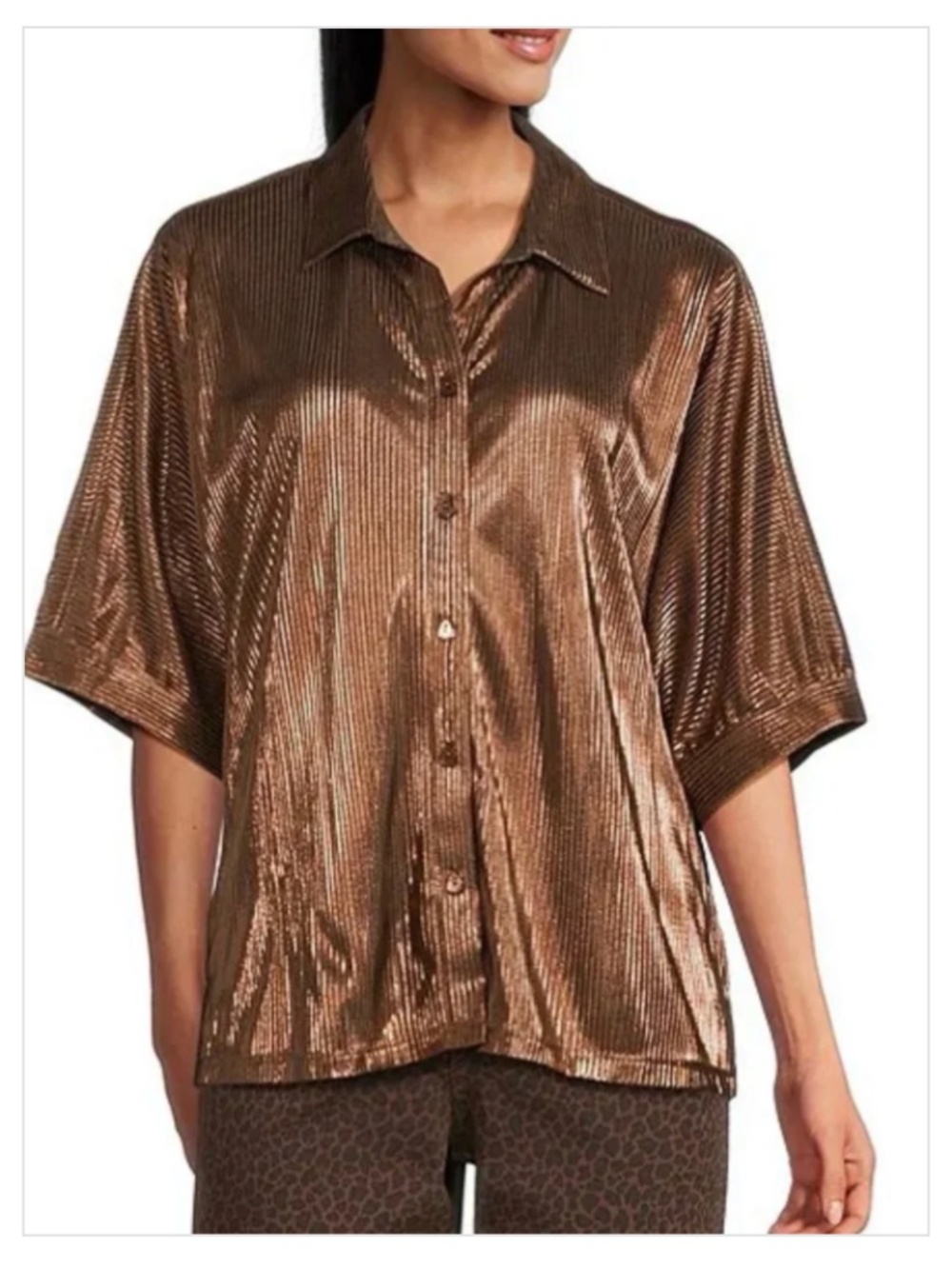 NWT John Mark Women's Button-Up Blouse Metallic Brown L